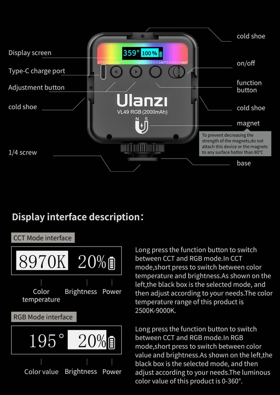 Ulanzi VL49 RGB Full Color LED Video Light with 2500K-9000K Color Temperature, 2000mAh and Type-c Port