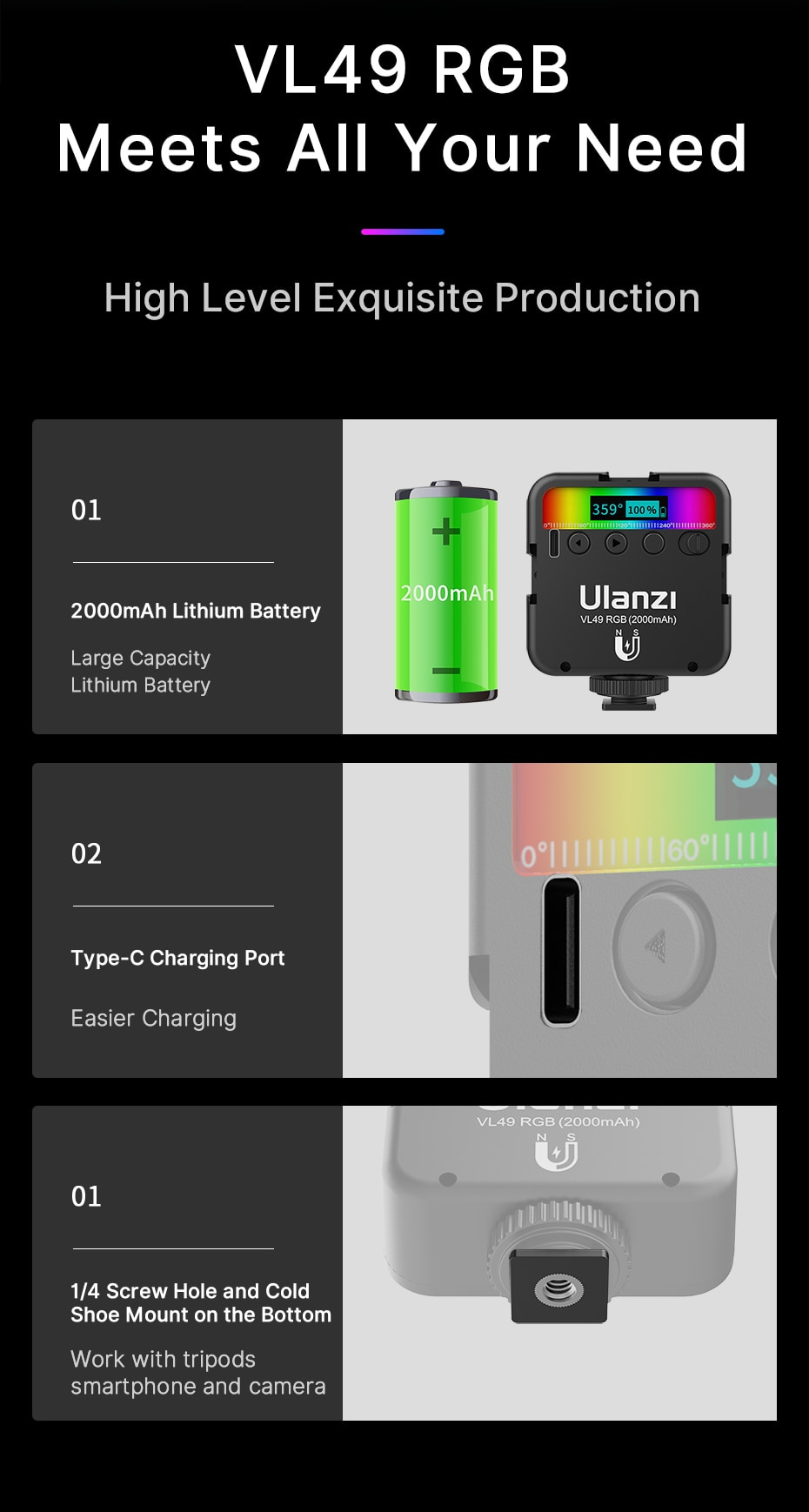 Ulanzi VL49 RGB Full Color LED Video Light with 2500K-9000K Color Temperature, 2000mAh and Type-c Port