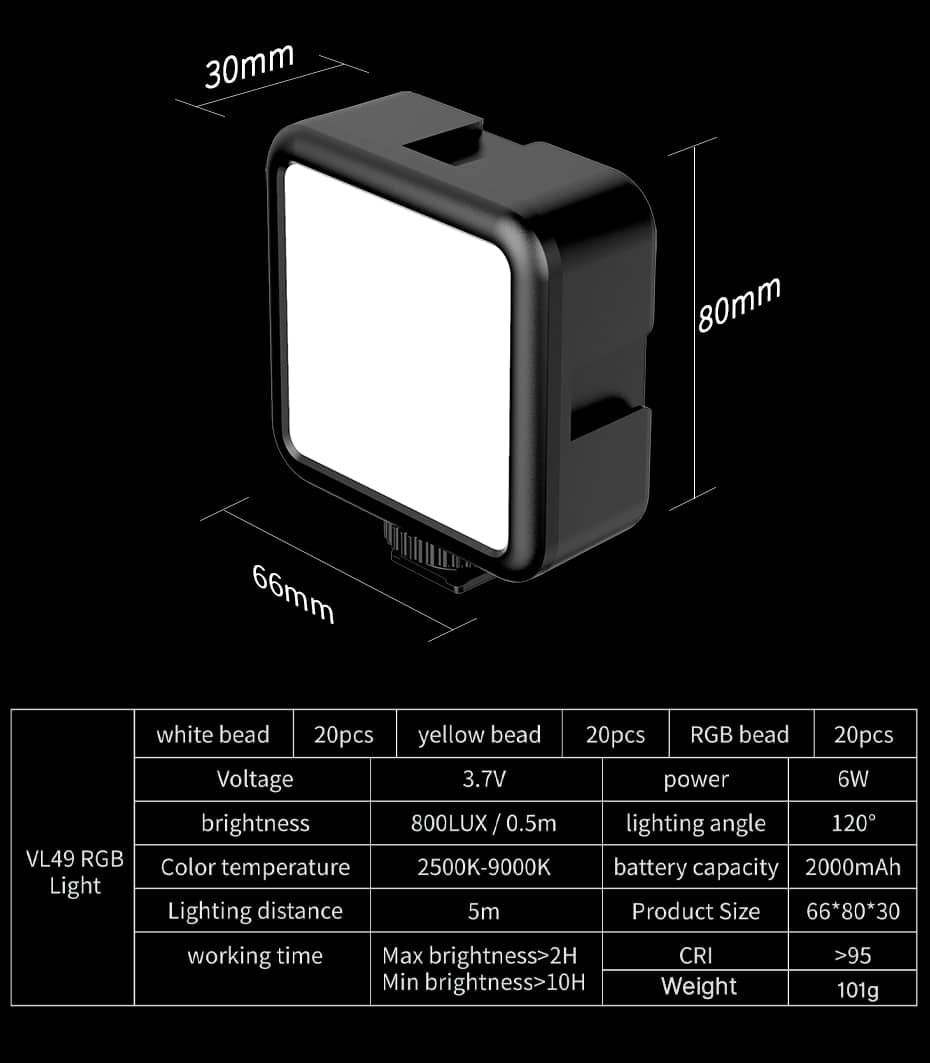 Ulanzi VL49 RGB Full Color LED Video Light with 2500K-9000K Color Temperature, 2000mAh and Type-c Port