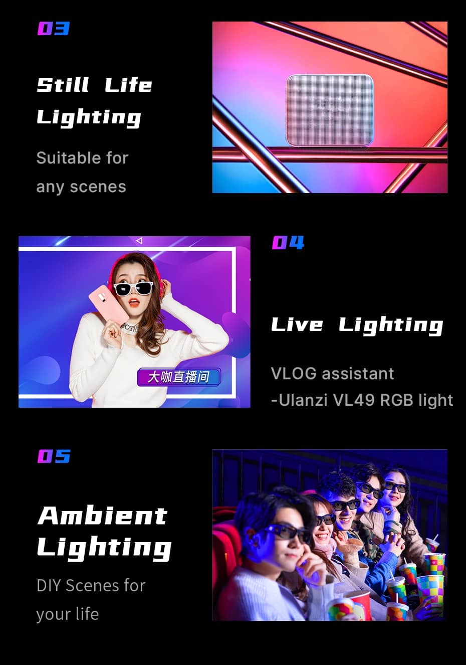Ulanzi VL49 RGB Full Color LED Video Light with 2500K-9000K Color Temperature, 2000mAh and Type-c Port