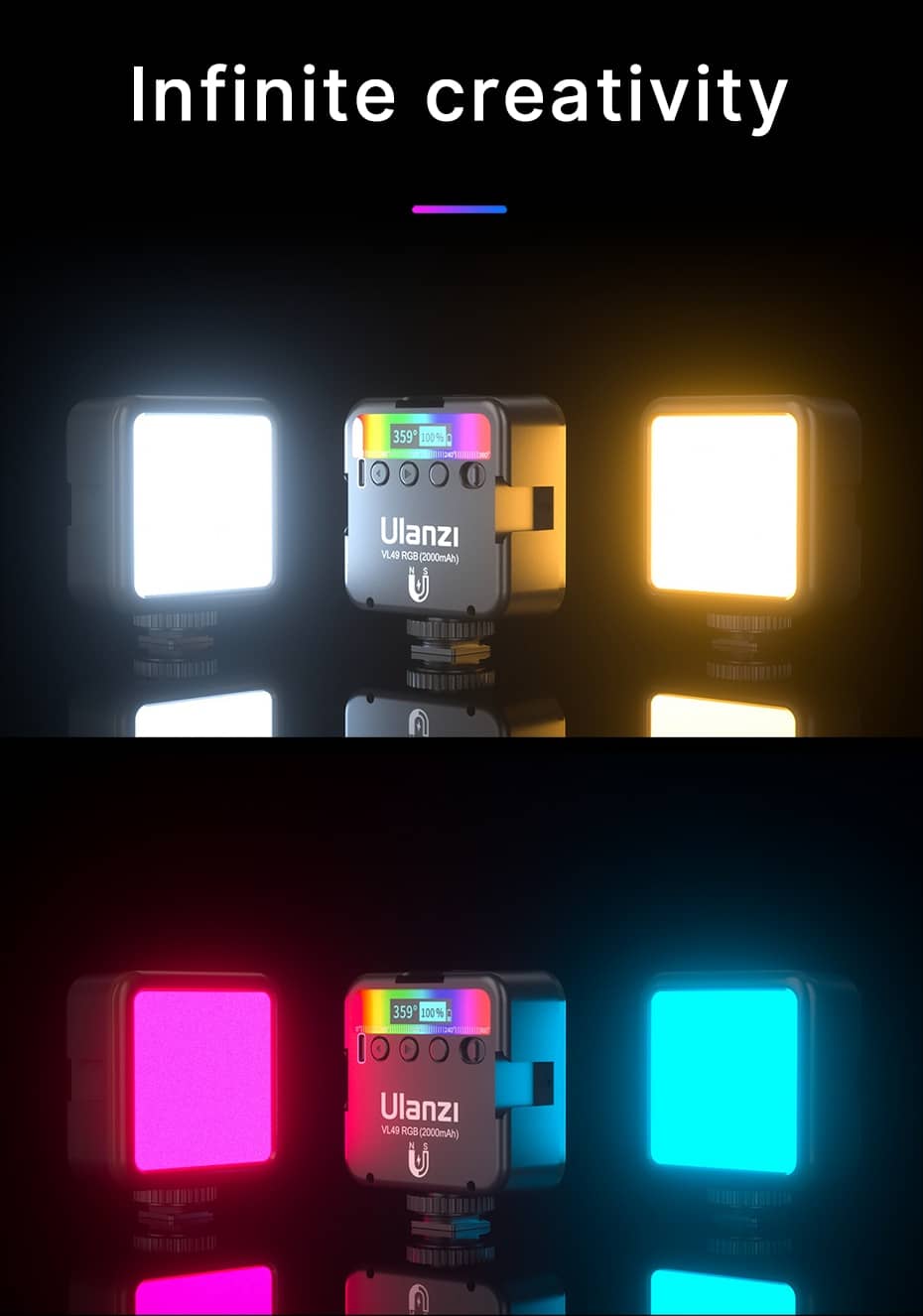 Ulanzi VL49 RGB Full Color LED Video Light with 2500K-9000K Color Temperature, 2000mAh and Type-c Port