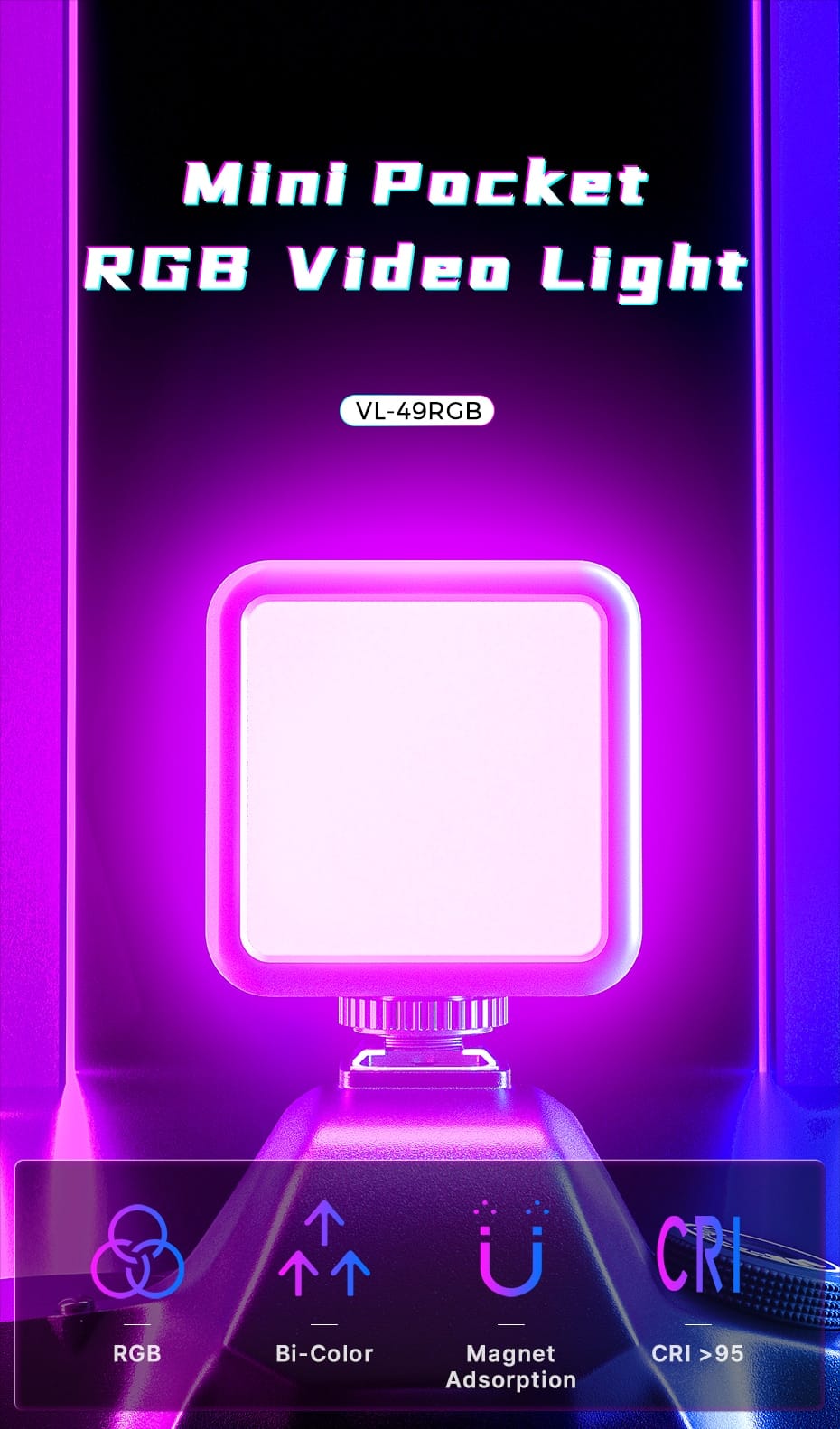 Ulanzi VL49 RGB Full Color LED Video Light with 2500K-9000K Color Temperature, 2000mAh and Type-c Port