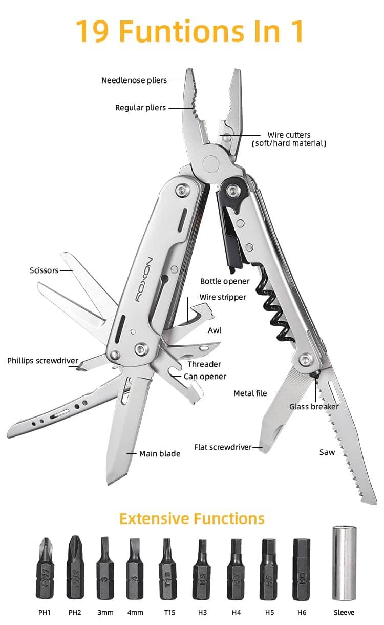 ROXON S801S 16-in-1 Multitool -Pocket knife, scissors, wire cutter, screwdriver, Bits Group, EDC tool, for Outdoor